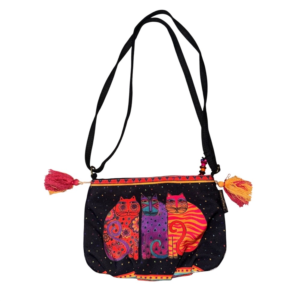Laurel Burch Three Cats Canvas Crossbody Bag Tassel Floral Red Black 2015